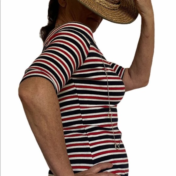 KAREN KANE Off Shoulder Red White  Blue Striped Contouring Normcore Top S - Picture 5 of 10